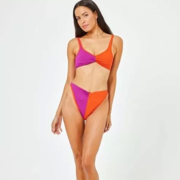 L Space Bikini Set Top & High Rise Bottom Twist Colorblock Pink Orange XS - Picture 4 of 8